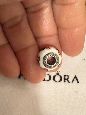 Pandora White Glass Charm with Red Floral Accents